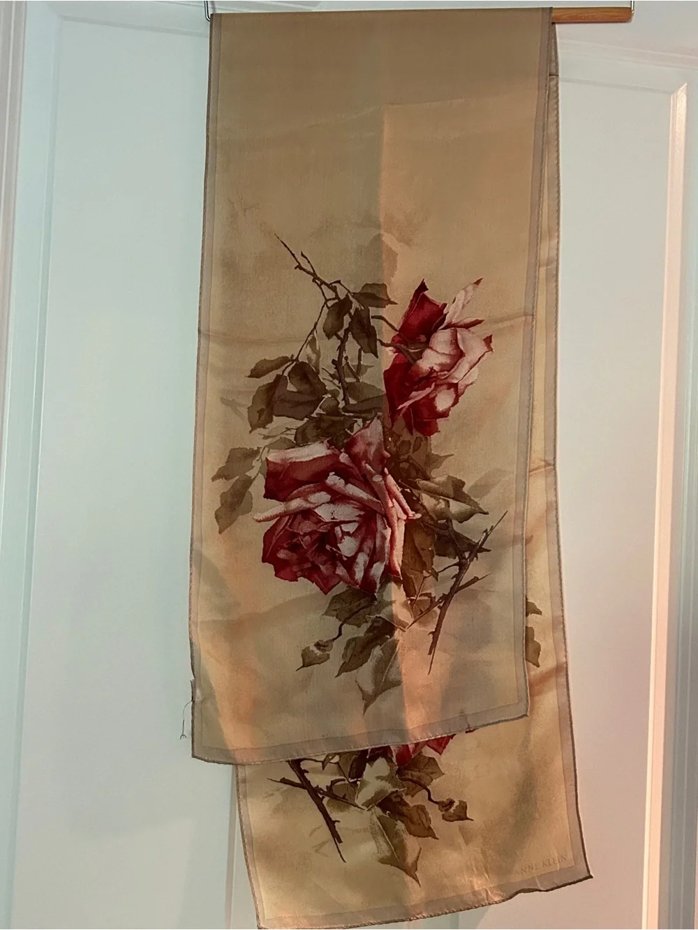 Floral Rose Print Silk Scarf in Tan and Red